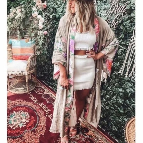 Boho Floral print Peacock Kimono Beach Cover up - Picture 1 of 10
